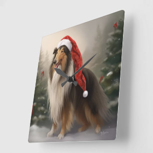 Horloge Carrée Rough Collie Chien dans la neige Noël