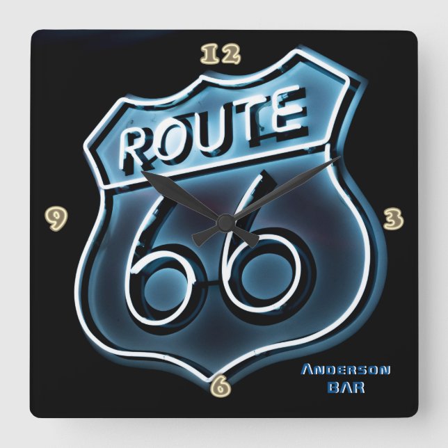 Horloge Carrée ROUTE 66 Wall de Neon Light Style (Recto)