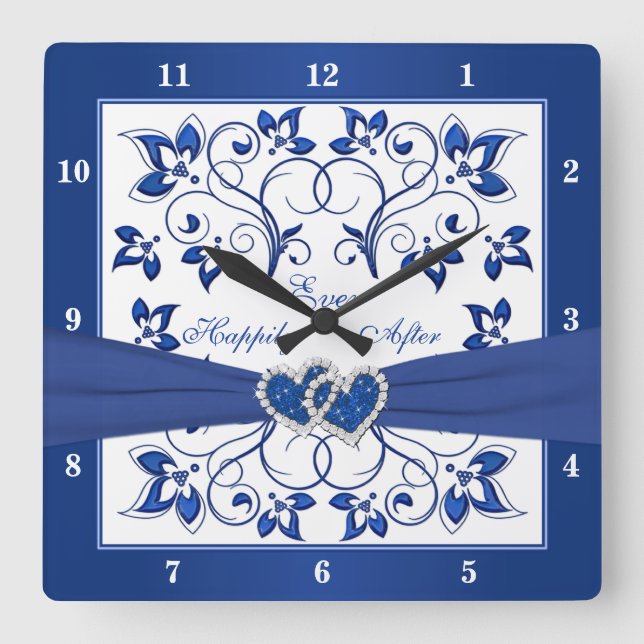 Horloge Carrée Royal Blue, Blanc Floral Coeur Heureux Jamais Aprè (Recto)