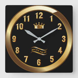 Horloge Carrée Royale Crown Classic ~ Gold On Black ~ Unique ~