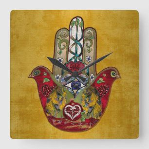Horloge Carrée Ruby Pomegranate Heart Red Bird Hamsa