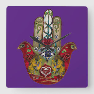 Horloge Carrée Ruby Pomegranate Heart Red Bird Hamsa
