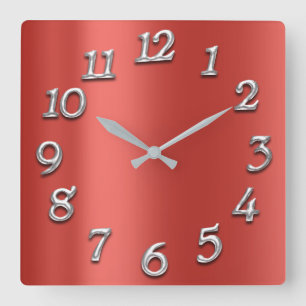 Horloge Carrée Ruby Silk Rouge Métallurgique Arabe Numéros Gris A