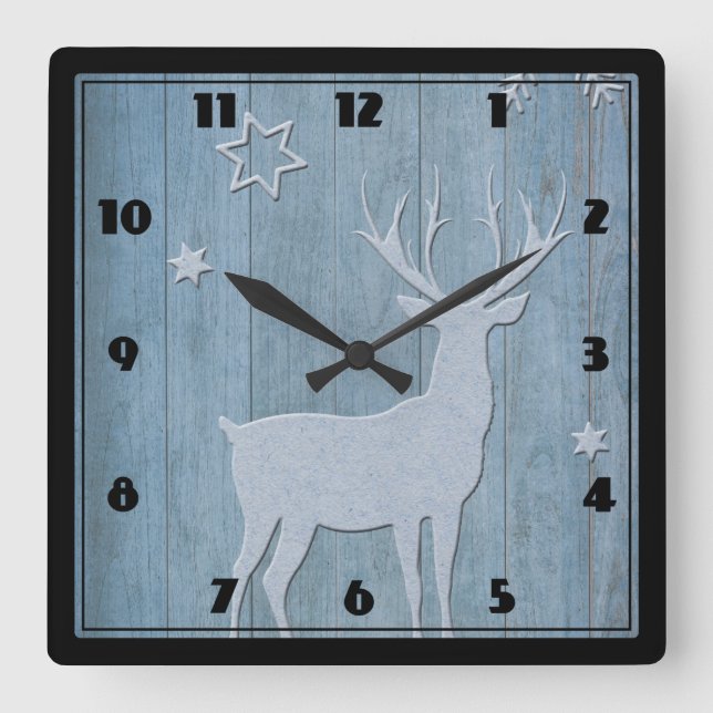 Horloge Carrée Russe Bleu Bois Reindeer Pays Noël (Recto)
