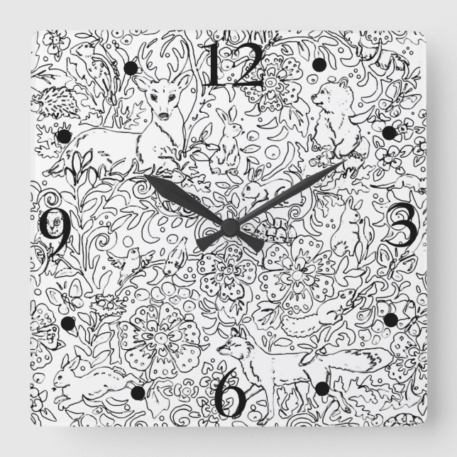 Horloge Carrée Russe Forêt Noire Blanc Animal Fox Rabbit Croquis (Recto)