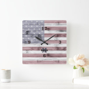 Horloge Carrée Russe Rouge Blanc Bleu Bois Drapeau américain Mono