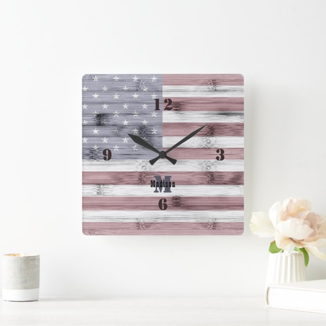 Horloge Carrée Russe Rouge Blanc Bleu Bois Drapeau américain Mono (Maison)