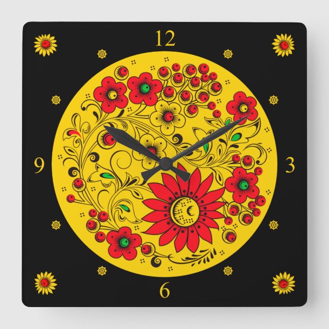 Horloge Carrée Russian Folk Art Flowers (Recto)