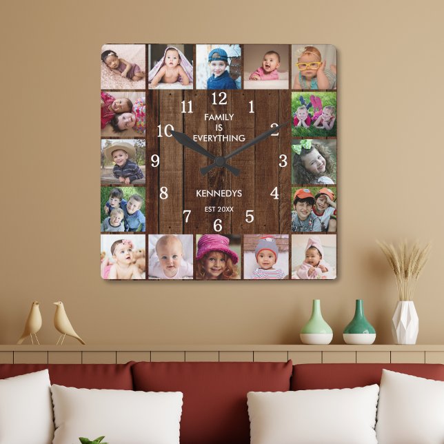 Horloge Carrée Rustic 16 Photo Collage Family Quota Pallet Wood (Créateur téléchargé)