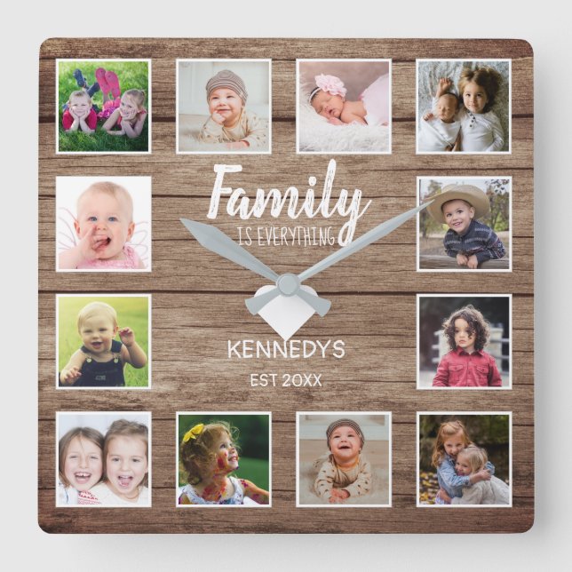 Horloge Carrée Rustic Barn Wood 12 Photo Collage Family (Recto)