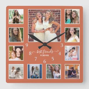 Horloge Carrée Rustic Best Friends 11 Photo Collage Terracotta