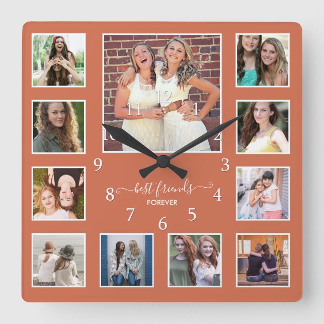 Horloge Carrée Rustic Best Friends 11 Photo Collage Terracotta (Recto)