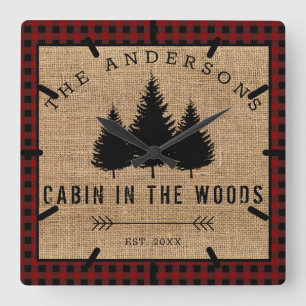 Horloge Carrée Rustic Country Family Nom Cabin dans les Woods