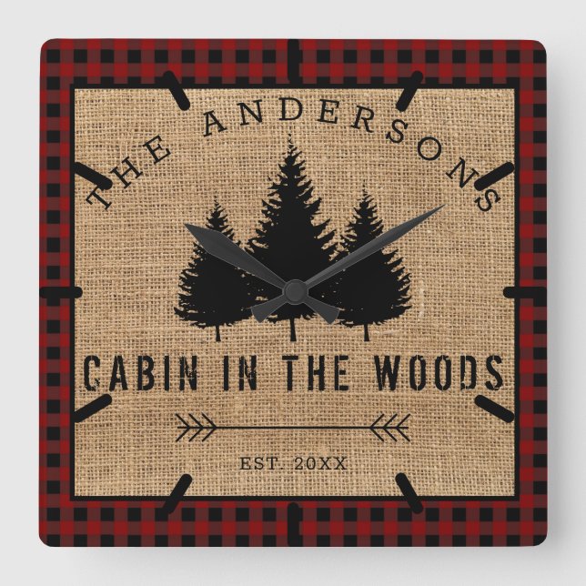 Horloge Carrée Rustic Country Family Nom Cabin dans les Woods (Recto)
