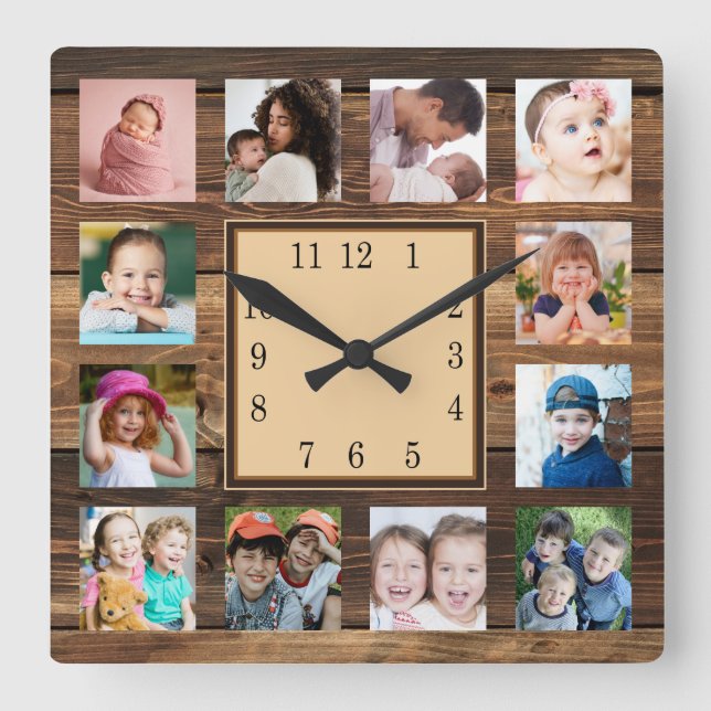 Horloge Carrée Rustic Dark Wood Family Keepsaké 12 Photo Collage (Recto)