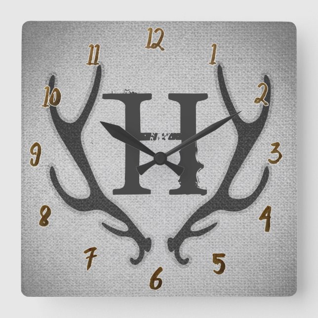 Horloge Carrée Rustic Deer Antlers Grey Faux Burlap Texture (Recto)