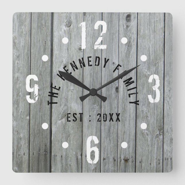 Horloge Carrée Rustic Farmhouse Family Nom Gray Wood (Recto)