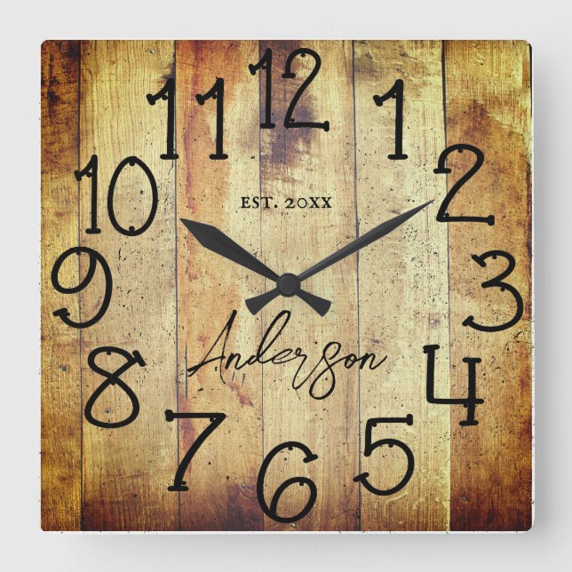 Horloge Carrée Rustic Grange Wood Farmhouse Custom Nom de famille (Recto)