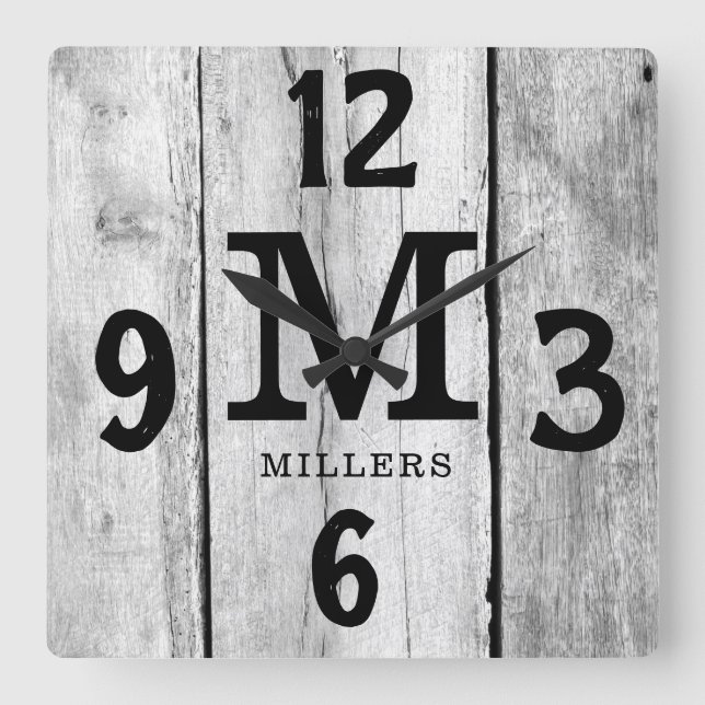 Horloge Carrée Rustic Grey Nom de famille Monogram Ferme (Recto)