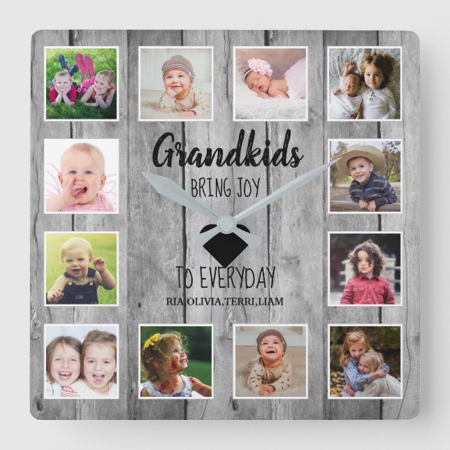 Horloge Carrée Rustic Grey Wood 12 Photo Collage Grandkids Citati (Recto)