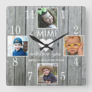 Horloge Carrée Rustic Grey Wood Love You Mimi Grandkids 4 Photo