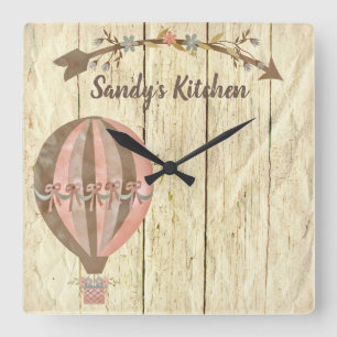 Horloge Carrée Rustic Hot Air Balloon Personalized Kitchen Clock