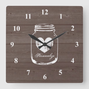 Horloge Carrée Rustic mason jar wood grain panel wall clock