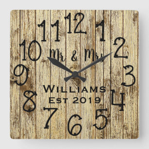 Horloge Carrée Rustic Personalized Brown Wood Custom