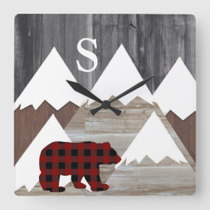 Horloge Carrée Rustic Snowy Mountains Buffalo Check Bear Monogram