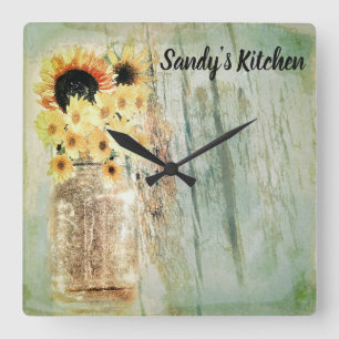 Horloge Carrée Rustic Sunflowers & Mason Jar Kitchen Clock