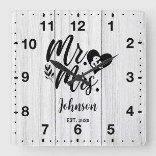 Horloge Carrée Rustic White bois élégant Script Mr & Mrs.