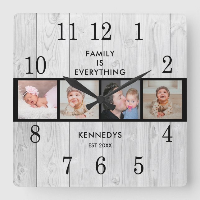 Horloge Carrée Rustic White Wood 4 Photo Collage Family Quota   (Recto)