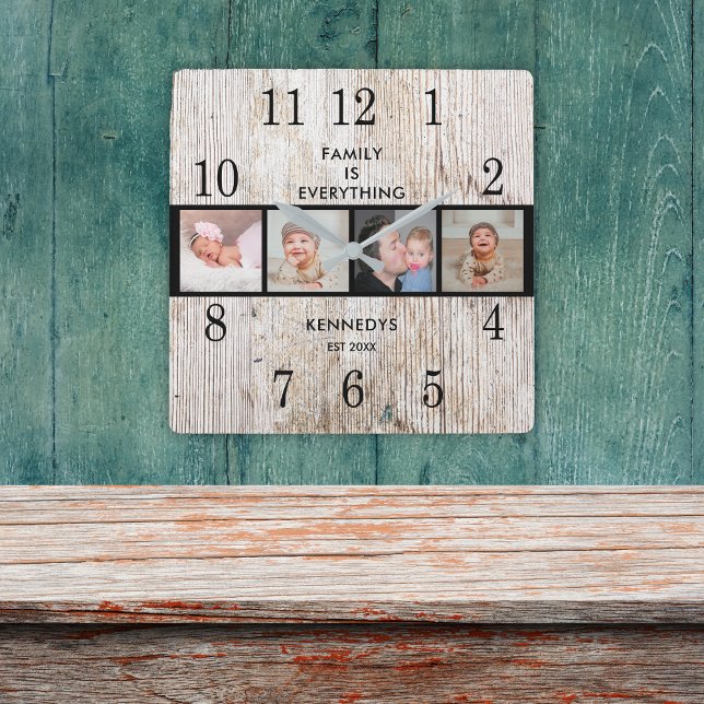 Horloge Carrée Rustic Wood 4 Photo Collage Famille Citation (Créateur téléchargé)