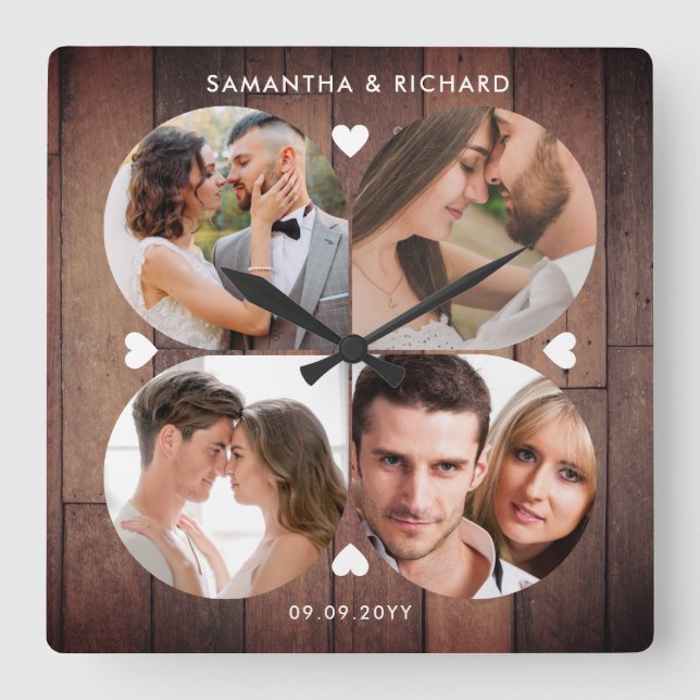 Horloge Carrée  Rustic Wood 4 Photo Collage Mariage Anniversaire (Recto)
