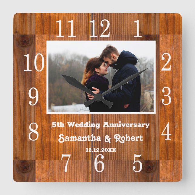 Horloge Carrée Rustic Wood 5 Year Anniversary (Recto)