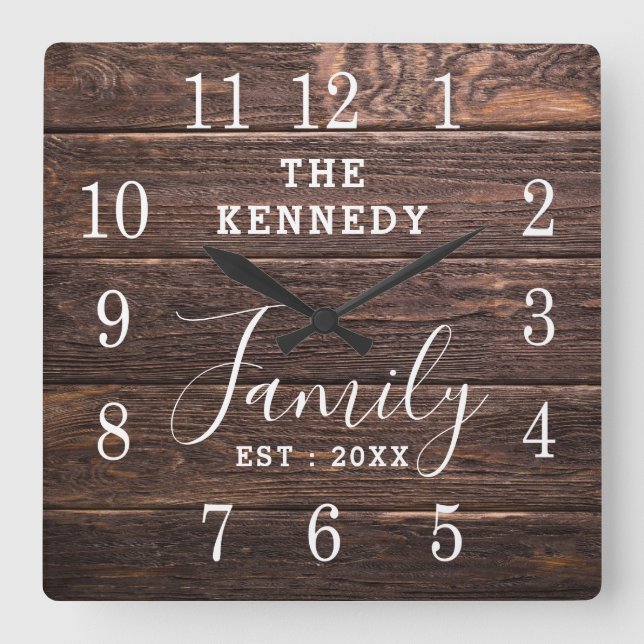 Horloge Carrée Rustic Wood Country Farmhouse Family (Recto)