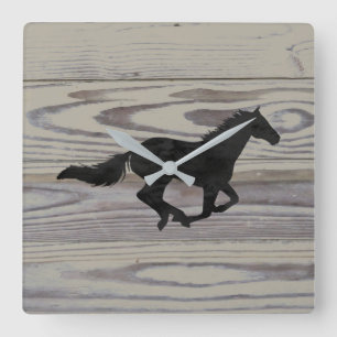 Horloge Carrée Rustic Wood Galloping Horse Watercolor Silhouette