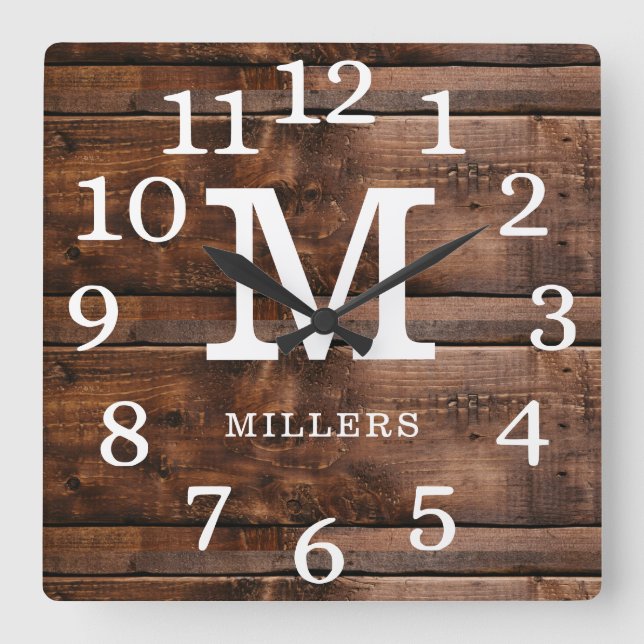 Horloge Carrée Rustic Wood Grand Nombre Nom de famille Monogramme (Recto)