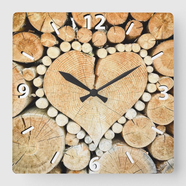 Horloge Carrée Rustic, Wood Heart (Recto)