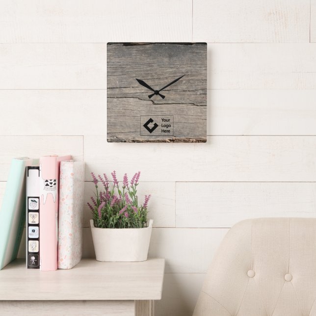 Horloge Carrée Rustic Wood Texture avec logo (Salle de lecture)