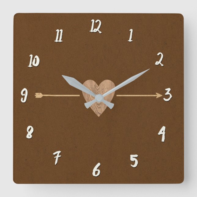 Horloge Carrée Rustique Brown Kraft Bois Coeur & Flèche (Recto)