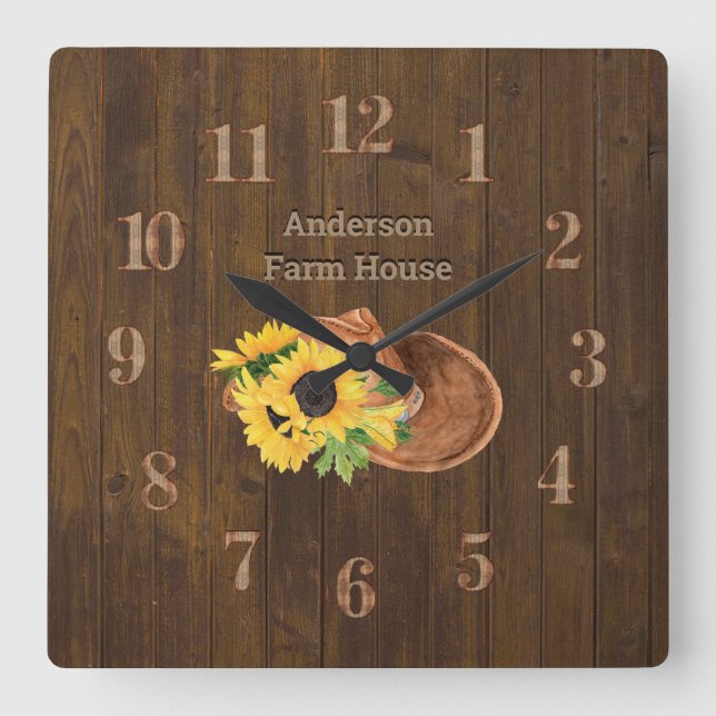 Horloge Carrée Rustique Grange Bois Ferme Casquette Tournesols (Recto)