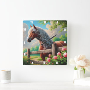 Horloge Carrée Rustique Horse Meadow Vibrant Campagne