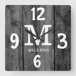 Horloge Carrée Rustique Noir Nom de famille Monogram Ferme