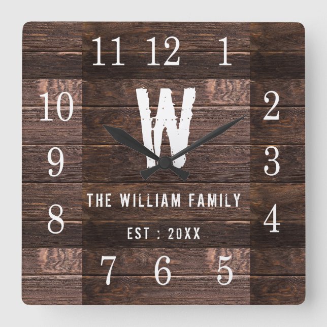 Horloge Carrée Rustique Personnalisé Bois Monogrammé Nom de famil (Recto)