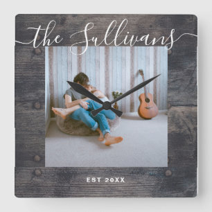 Horloge Carrée Rustique Personnalisé Votre Photo Script Bois Hor