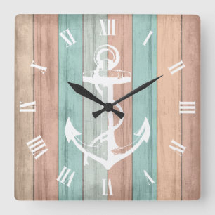 Horloge Carrée Rustique Summer Beach Bois Bandes et Ancres nautiq