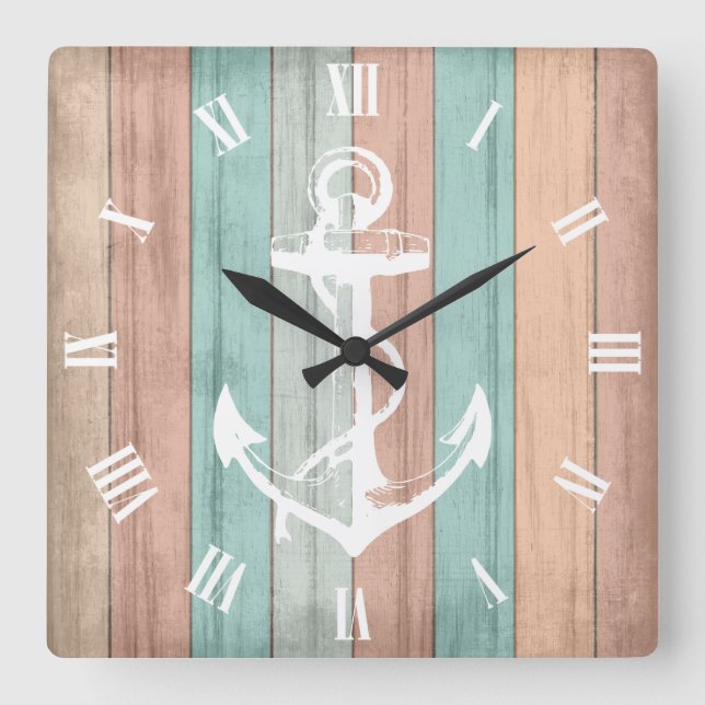 Horloge Carrée Rustique Summer Beach Bois Bandes et Ancres nautiq (Recto)