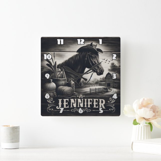 Horloge Carrée Rustique Western Horse et scène de ferme (Maison)