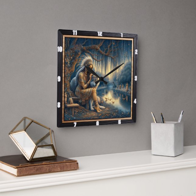 Horloge Carrée Rythme fluvial indigène : Bat cardiaque Wildwood (Bureau)